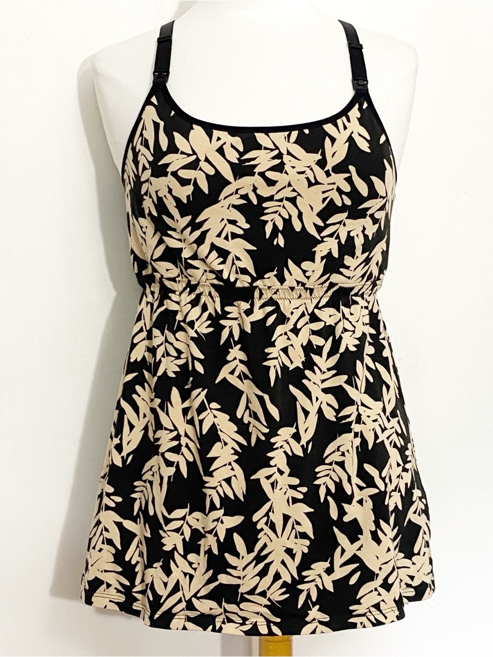 Suiek Black and Cream Floral Print Women’s Cotton Racer Back Tank L maternity
